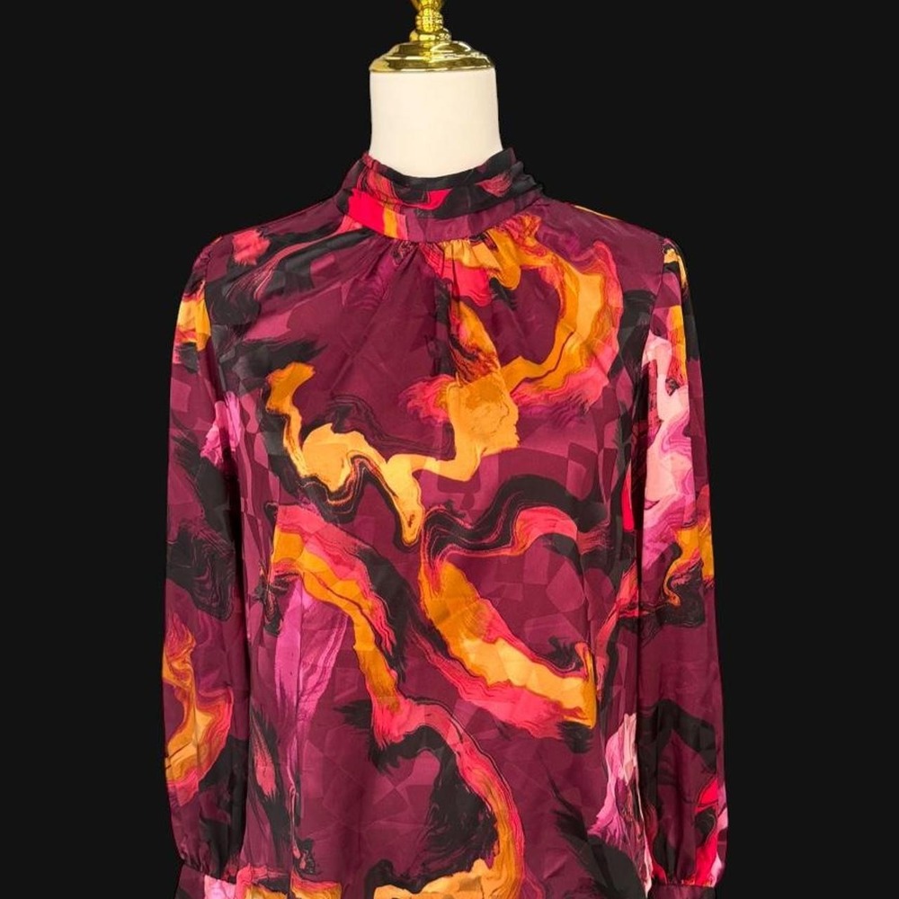 Nine West Mock Neck Long Sleeve Satin Blouse Marble Swirl Burgundy Pink Medium